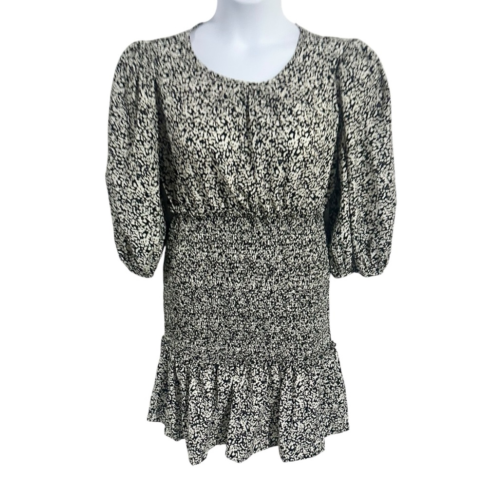 I. Madeline Black Ditsy Floral Print Smocked Puff Sleeve Mini Dress Size L NWT